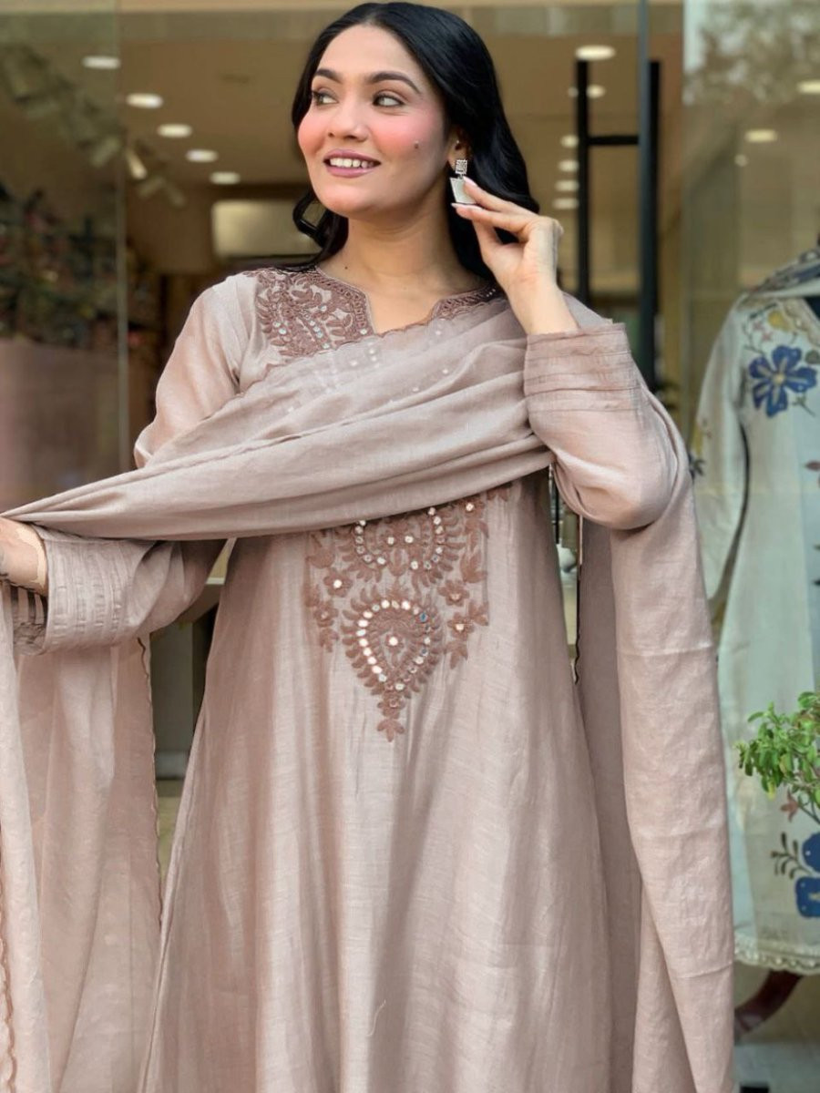 Light Beige Roman Silk Embroidery Sequins Wedding Party Festival Casual Ready Palazzo Pant Salwar Kameez