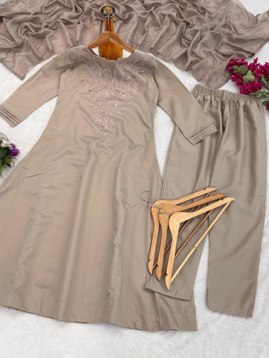 Light Beige Roman Silk Embroidery Sequins Wedding Party Festival Casual Ready Palazzo Pant Salwar Kameez