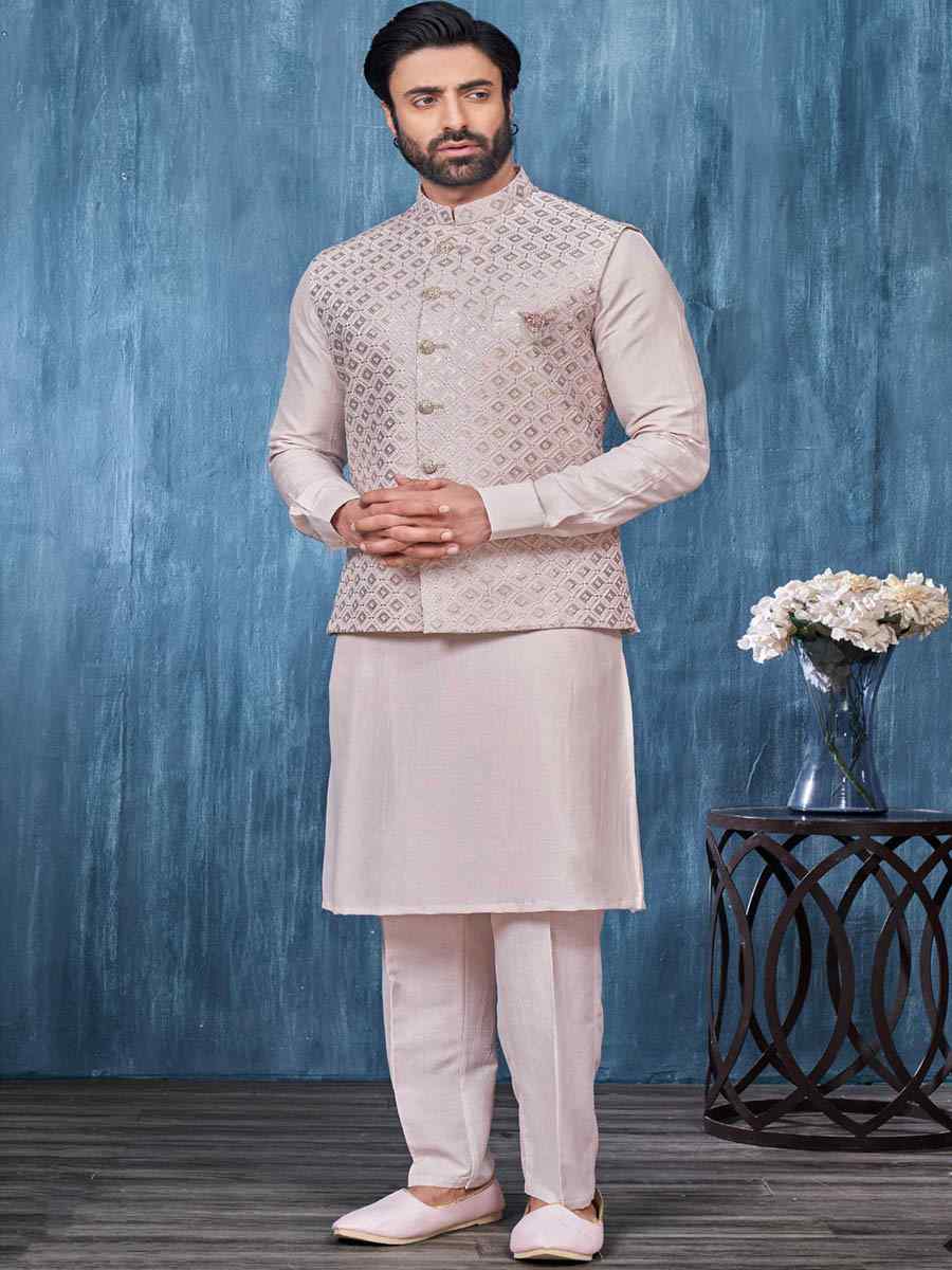 Light Biscuit Art Banarasi Silk Woven Festival Wedding Kurta