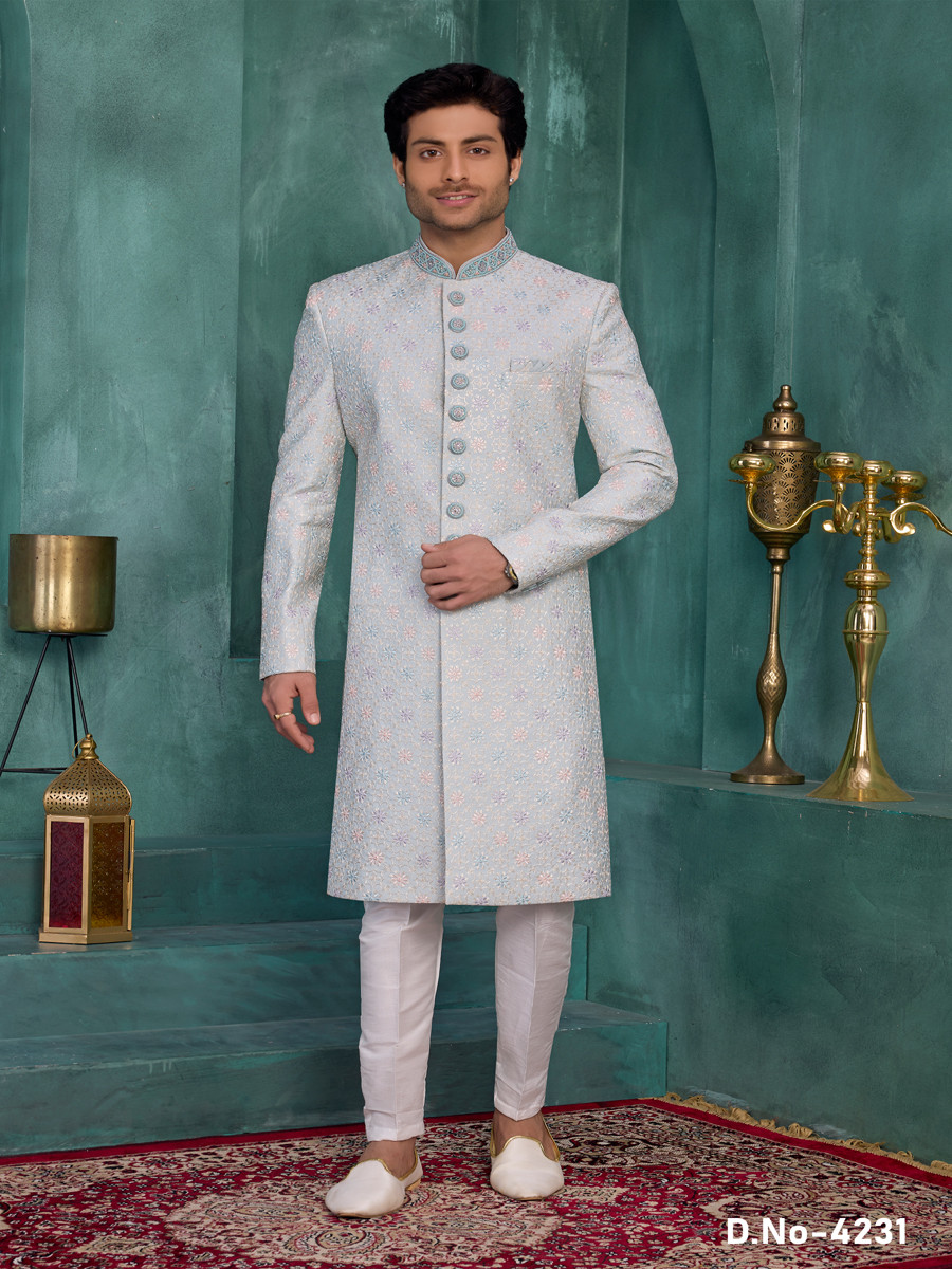 Light blue Art silk Embroidered Computer Thread work Wedding Party Festival Groom Sherwani