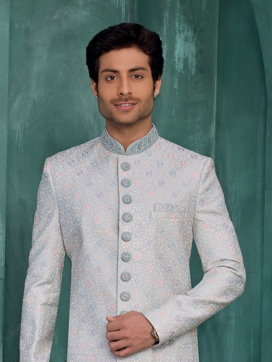 Light blue Art silk Embroidered Computer Thread work Wedding Party Festival Groom Sherwani
