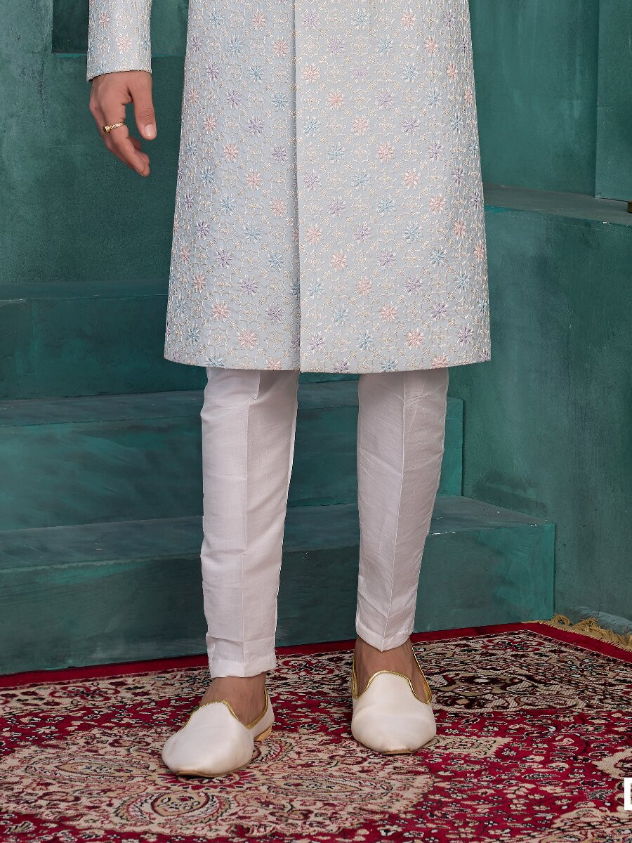 Light blue Art silk Embroidered Computer Thread work Wedding Party Festival Groom Sherwani