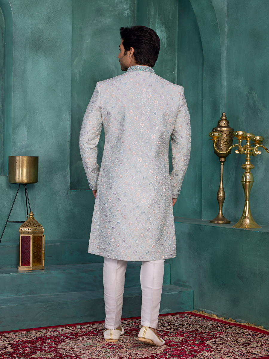Light blue Art silk Embroidered Computer Thread work Wedding Party Festival Groom Sherwani