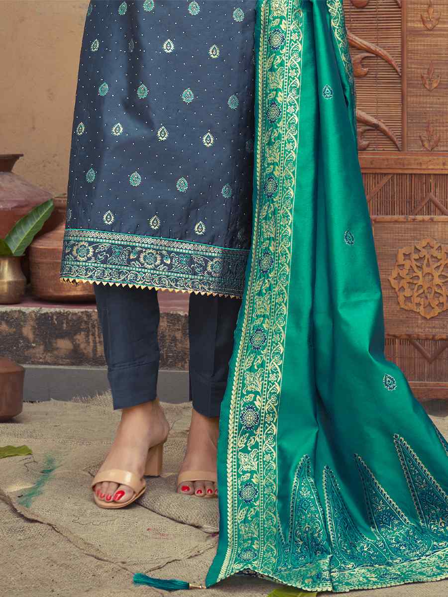 Light Blue Banarasi Silk Embroidered Festival Wedding Pant Salwar Kameez