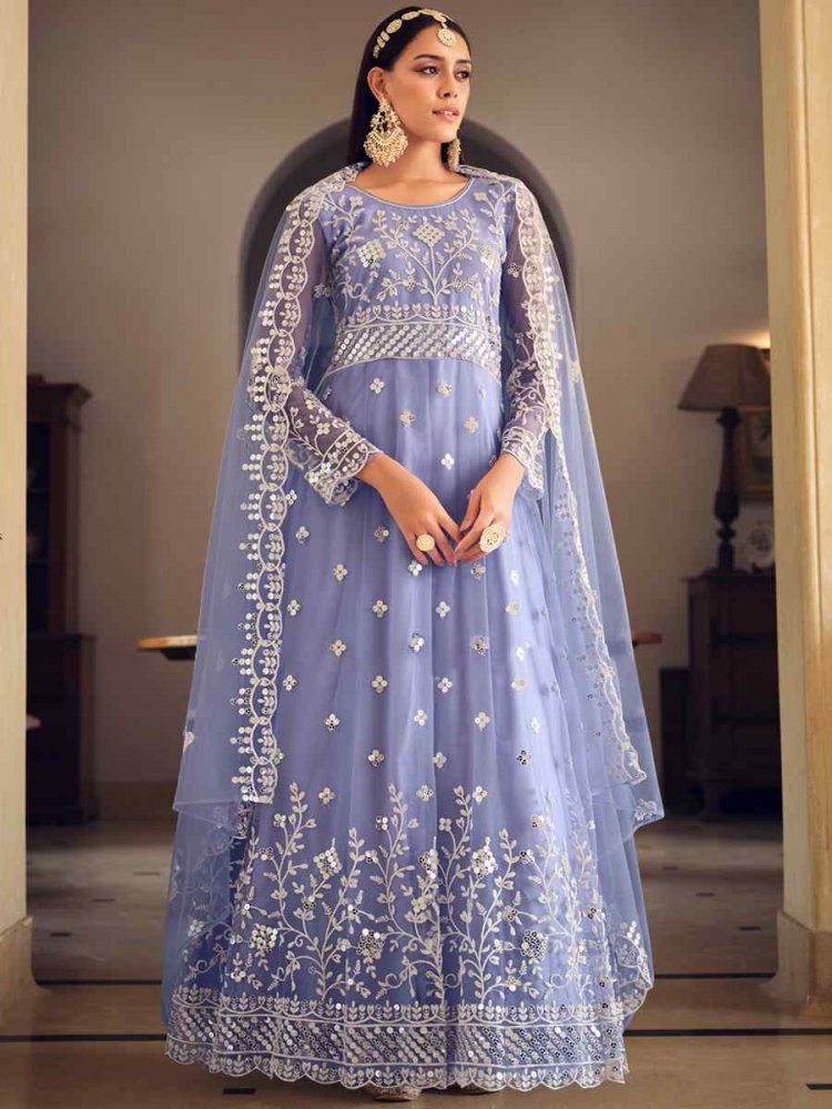 Light Blue Butterfly Net Embroidered Festival Party Anarkali Salwar Kameez