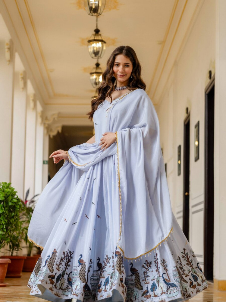 Image of Light Blue Chinon Embroidery Wedding Party Festival Casual Ready Anarkali Salwar Kameez