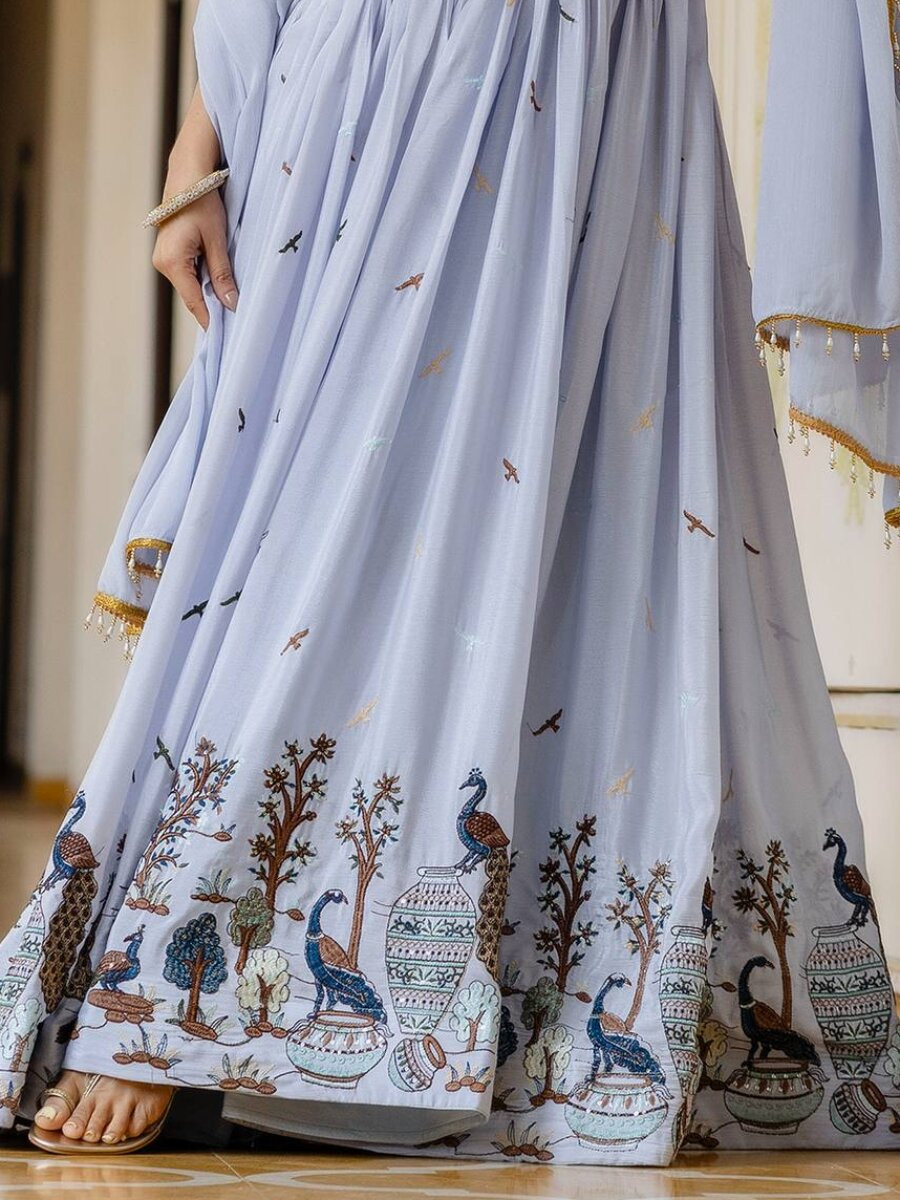 Light Blue Chinon Embroidery Wedding Party Festival Casual Ready Anarkali Salwar Kameez