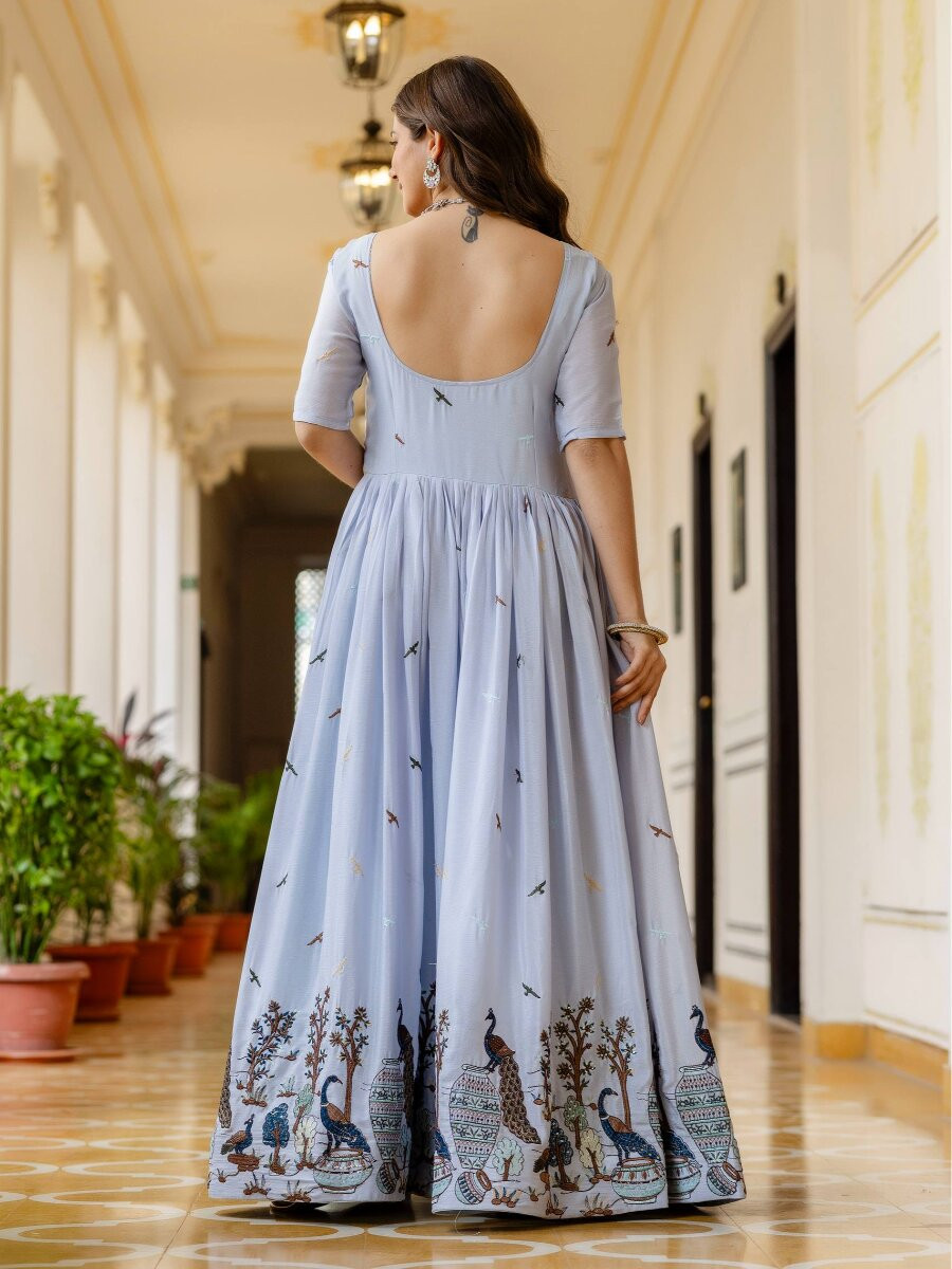 Light Blue Chinon Embroidery Wedding Party Festival Casual Ready Anarkali Salwar Kameez