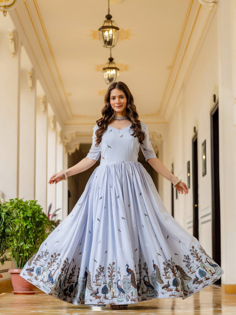 Light Blue Chinon Embroidery Wedding Party Festival Casual Ready Anarkali Salwar Kameez