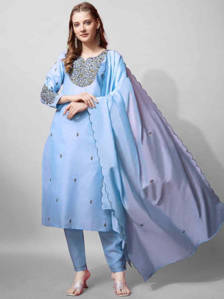 Light Blue Cotton Blend Embroidered Festival Casual Ready Pant Salwar Kameez