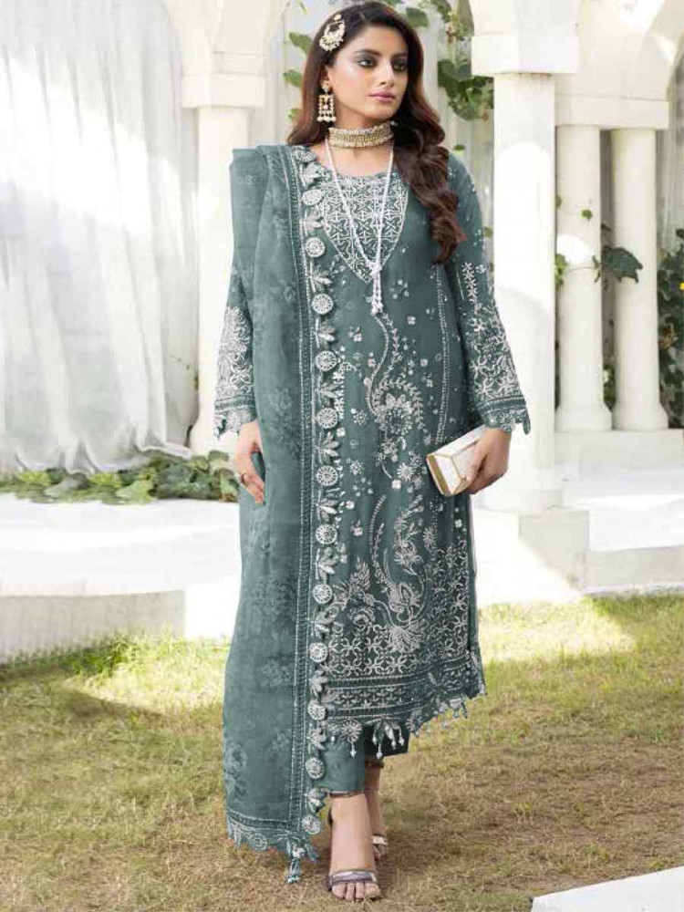 Light Blue Faux Georgette  Embroidered Festival Wedding Pant Salwar Kameez