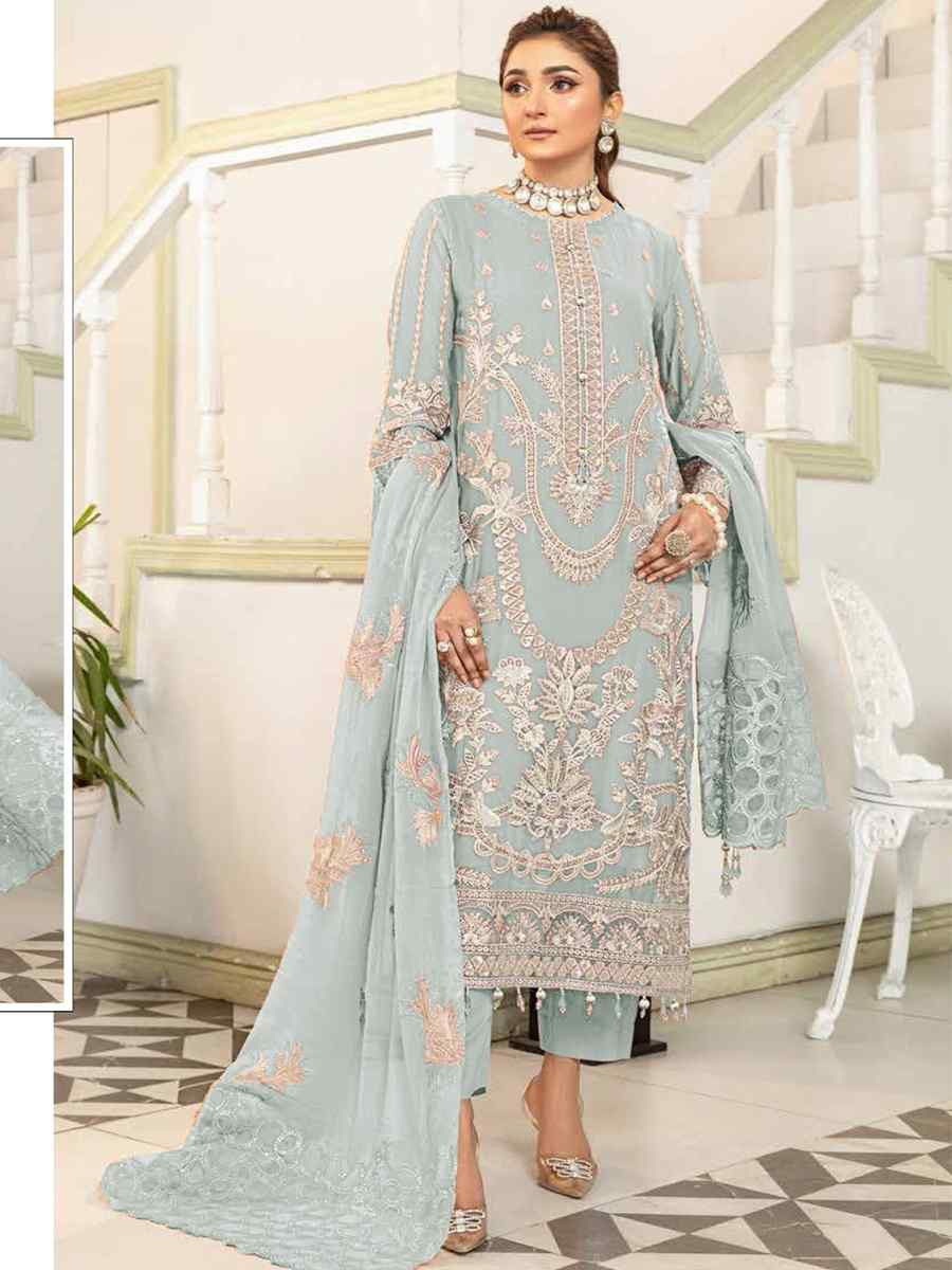 Light Blue Faux Georgette Embroidered Festival Wedding Pant Salwar Kameez