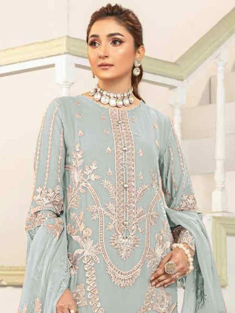 Light Blue Faux Georgette Embroidered Festival Wedding Pant Salwar Kameez