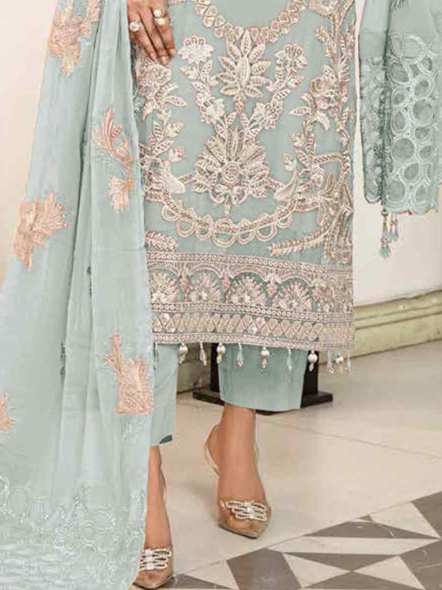 Light Blue Faux Georgette Embroidered Festival Wedding Pant Salwar Kameez