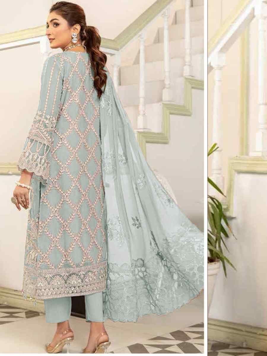 Light Blue Faux Georgette Embroidered Festival Wedding Pant Salwar Kameez