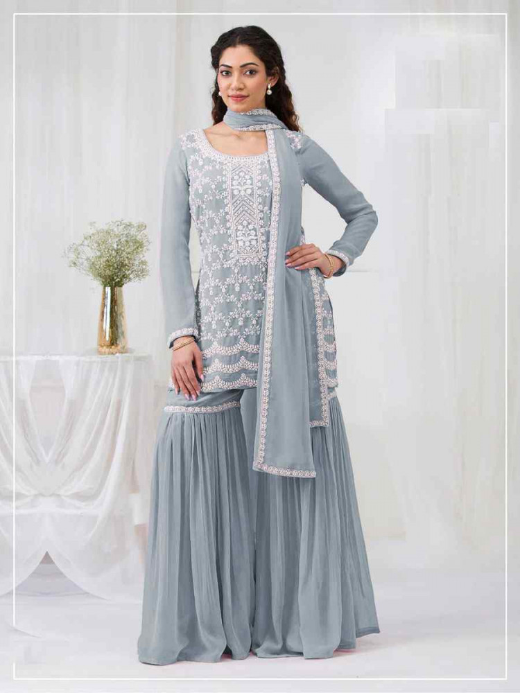Image of Light Blue Faux Georgette Embroidered Festival Wedding Sharara Pant Salwar Kameez