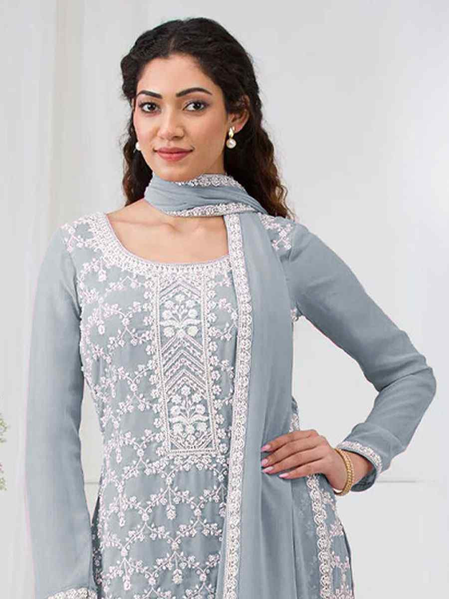 Light Blue Faux Georgette Embroidered Festival Wedding Sharara Pant Salwar Kameez