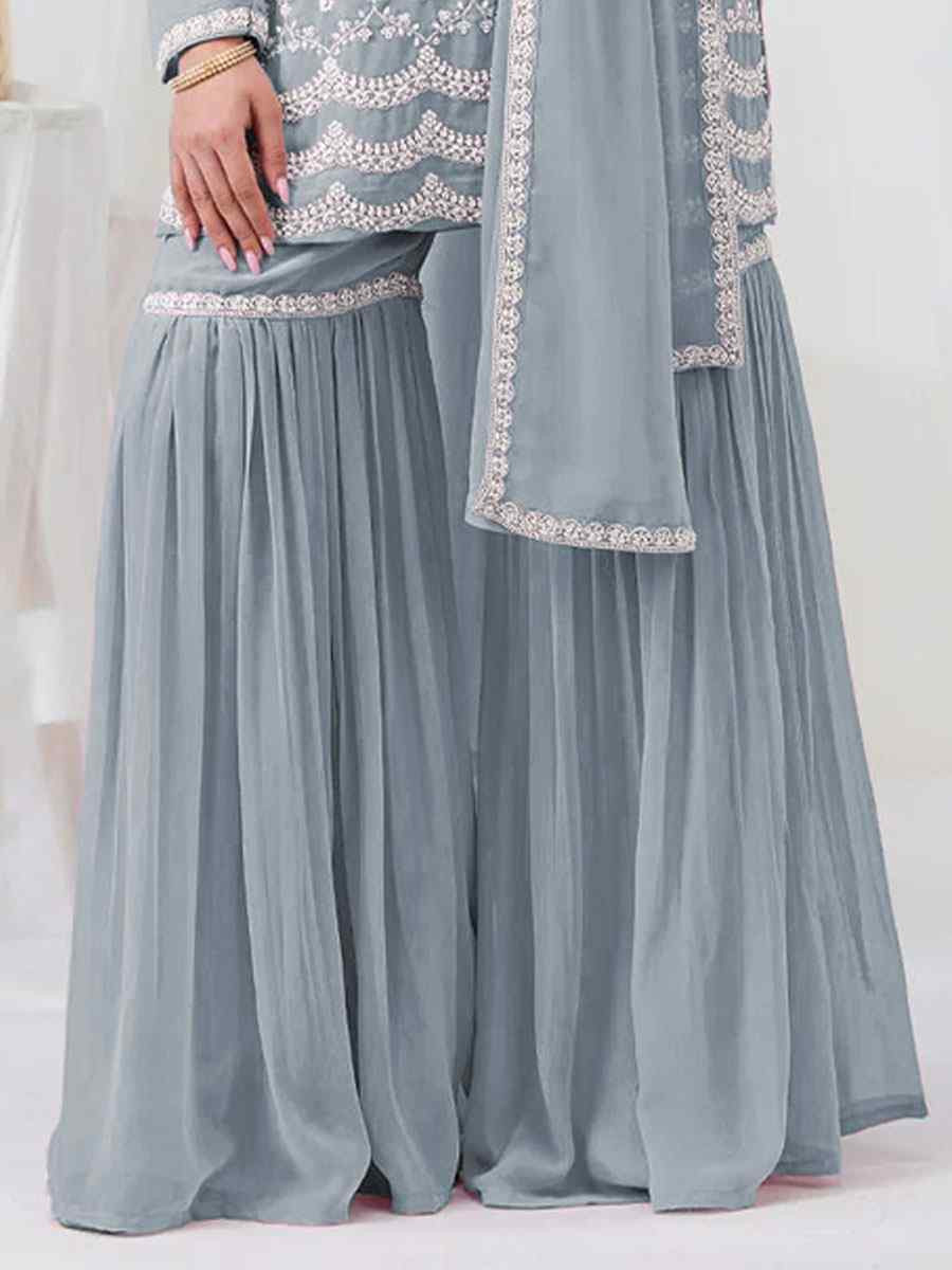 Light Blue Faux Georgette Embroidered Festival Wedding Sharara Pant Salwar Kameez