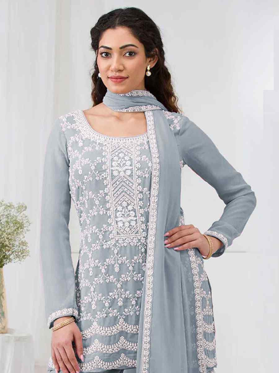 Light Blue Faux Georgette Embroidered Festival Wedding Sharara Pant Salwar Kameez