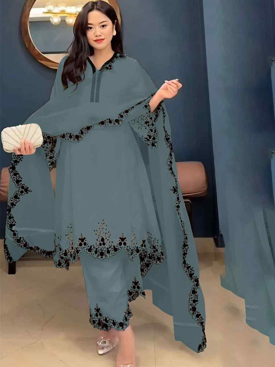 Light Blue Faux Georgette Embroidered Party Casual Ready Palazzo Pant Salwar Kameez