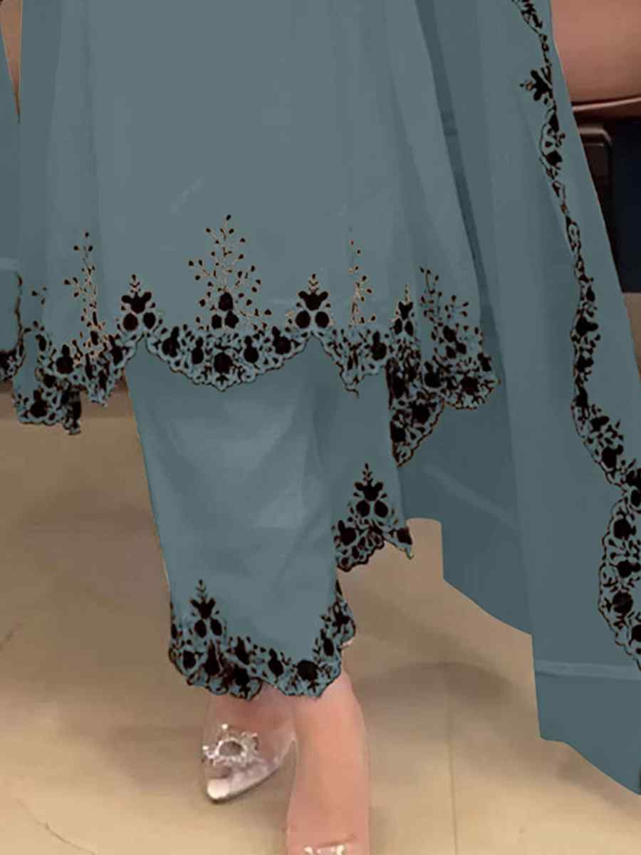 Light Blue Faux Georgette Embroidered Party Casual Ready Palazzo Pant Salwar Kameez