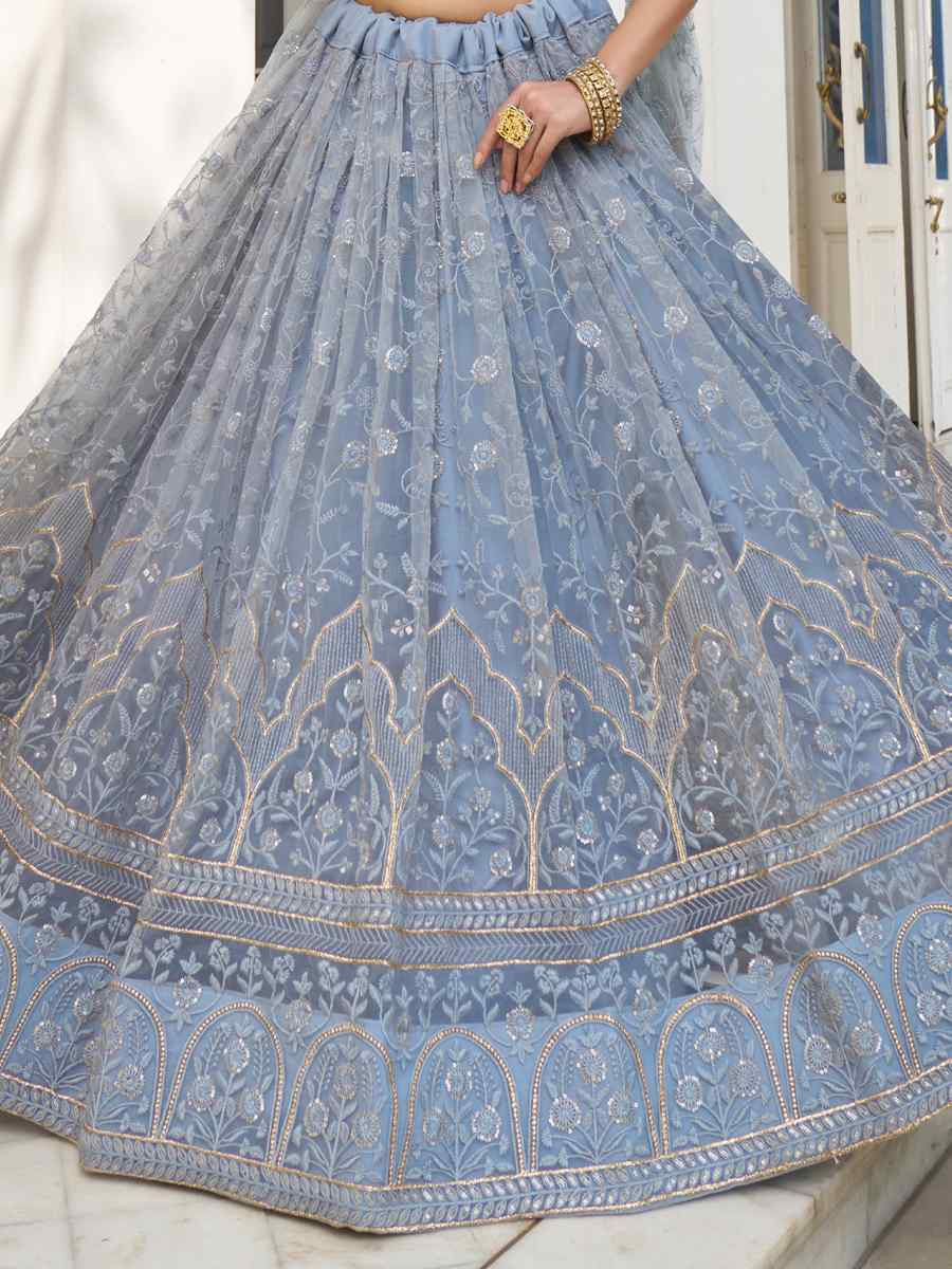 Light Blue Gray Net Embroidered Wedding Reception Festival Heavy Border Lehenga Choli