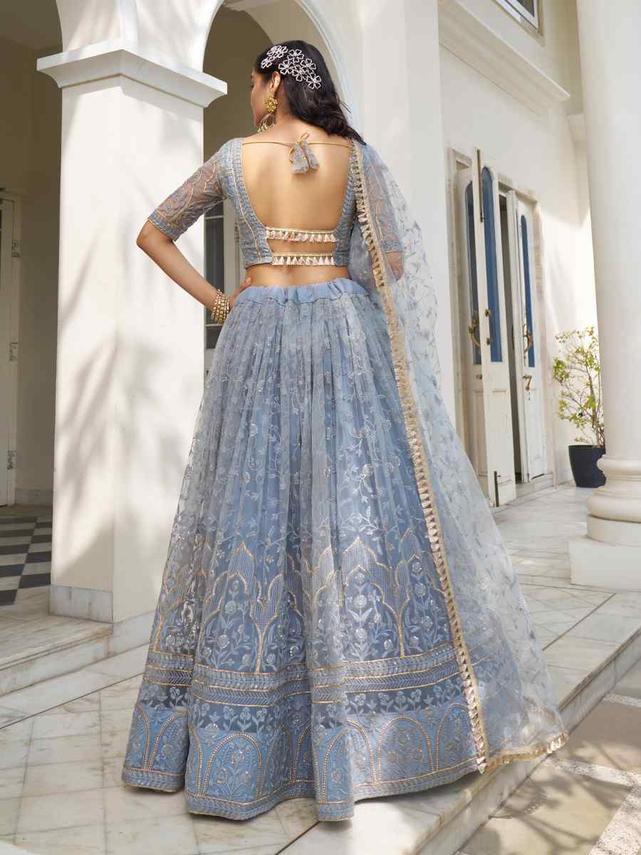 Light Blue Gray Net Embroidered Wedding Reception Festival Heavy Border Lehenga Choli