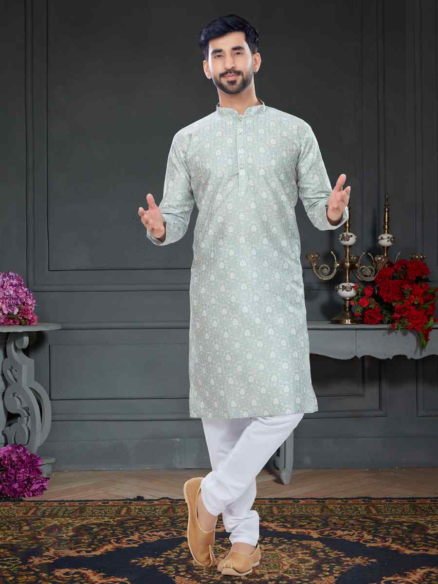 Light Blue Grey Silk Printed Festival Party Kurta