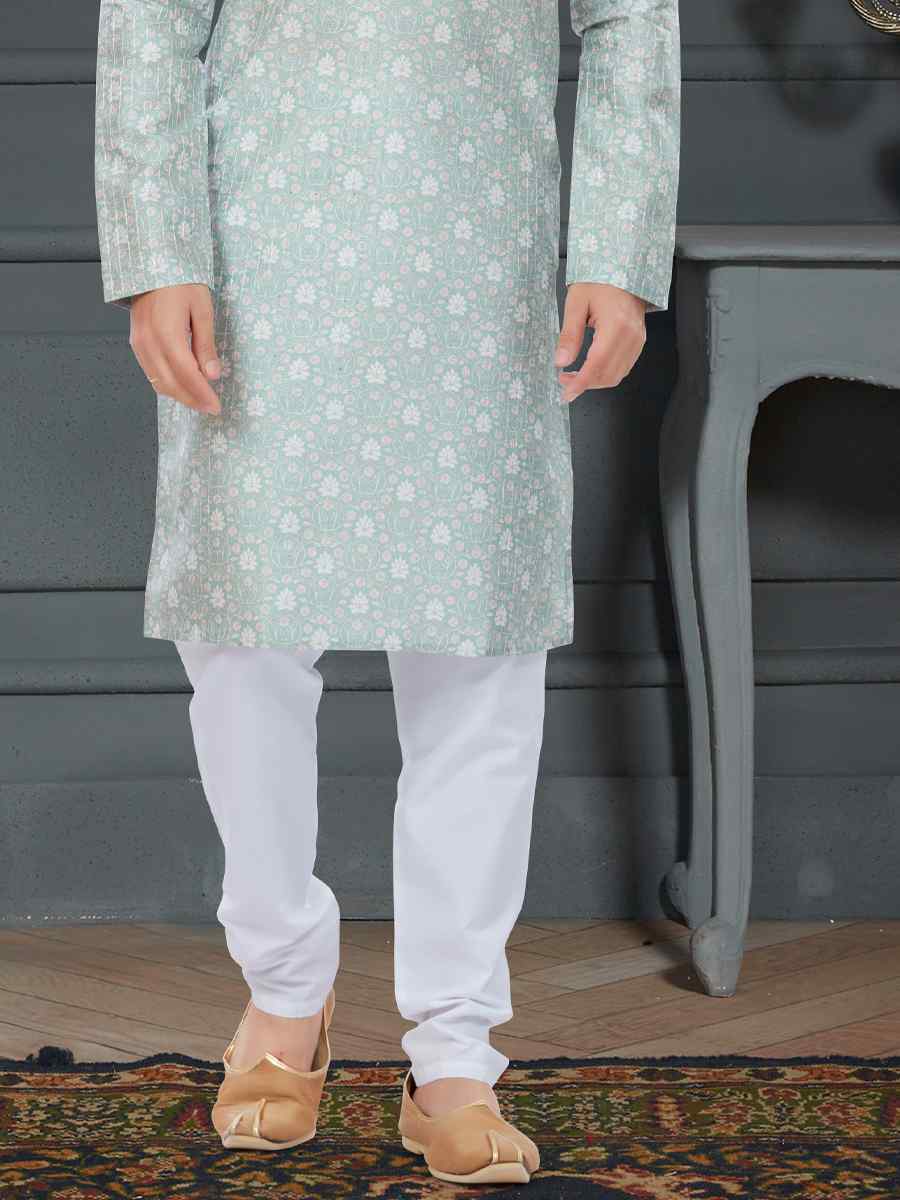 Light Blue Grey Silk Printed Festival Party Kurta