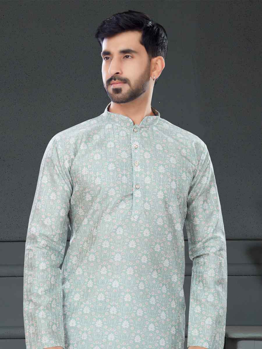 Light Blue Grey Silk Printed Festival Party Kurta