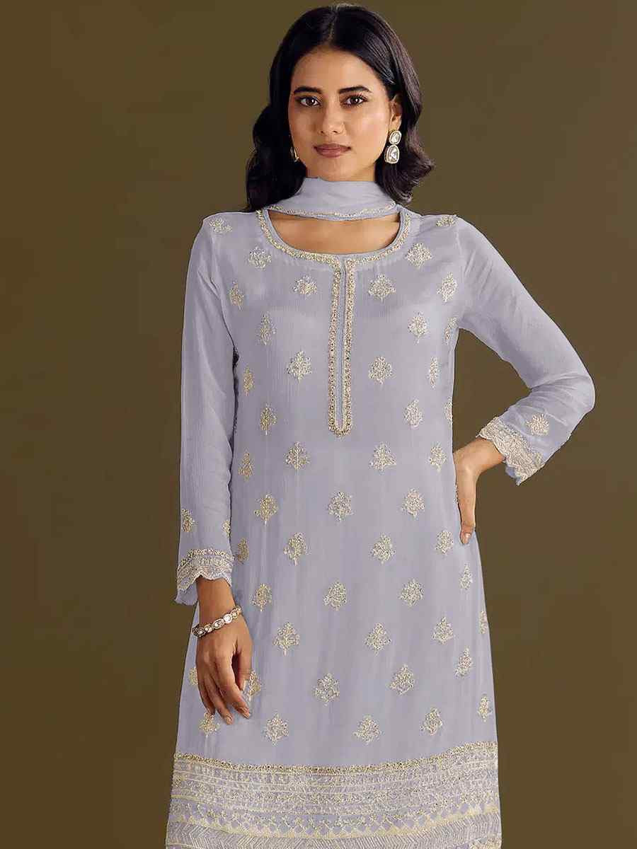 Light Blue Heavy Chinon Embroidered Festival Wedding Sharara Pant Salwar Kameez