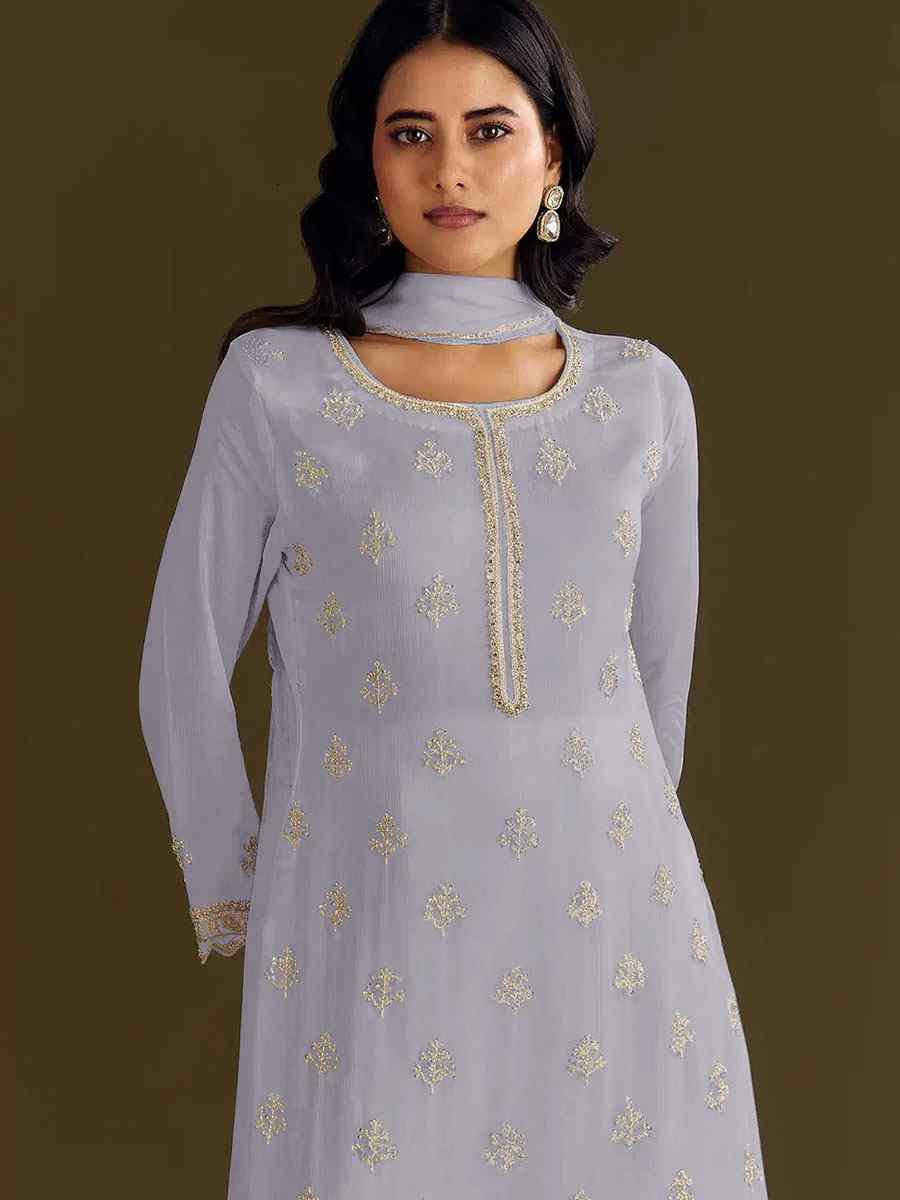 Light Blue Heavy Chinon Embroidered Festival Wedding Sharara Pant Salwar Kameez