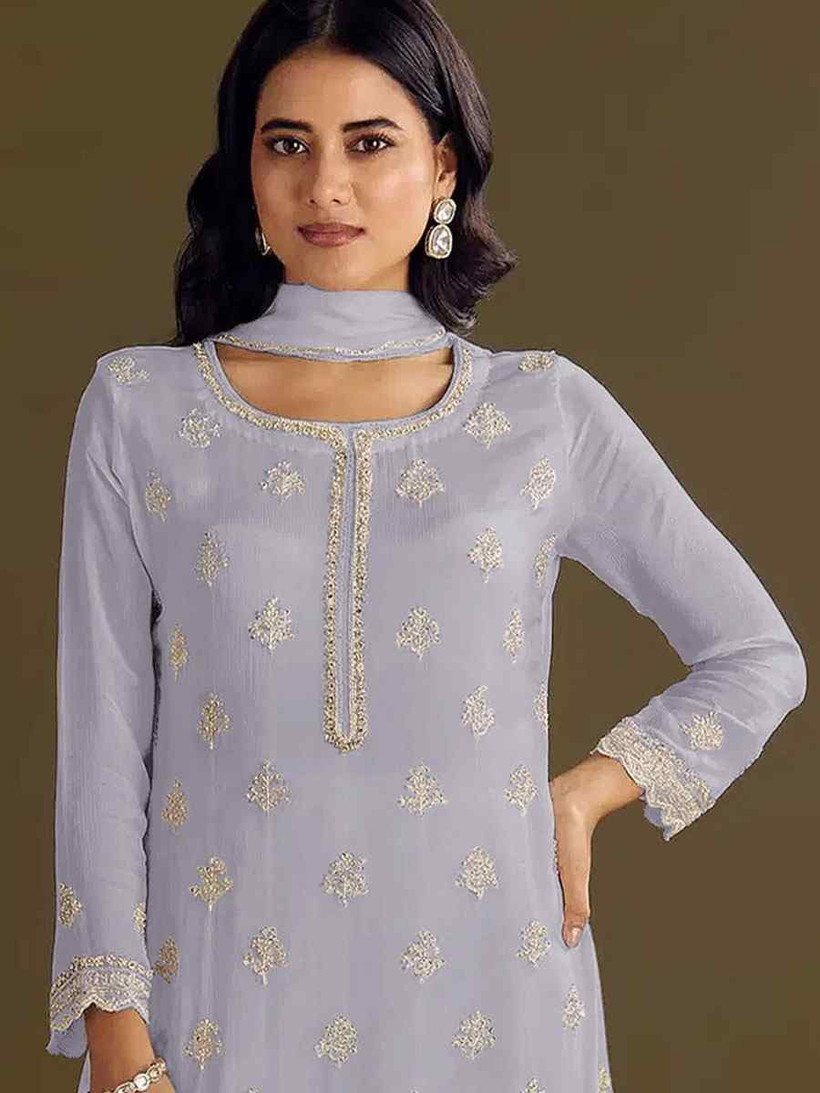 Light Blue Heavy Chinon Embroidered Festival Wedding Sharara Pant Salwar Kameez