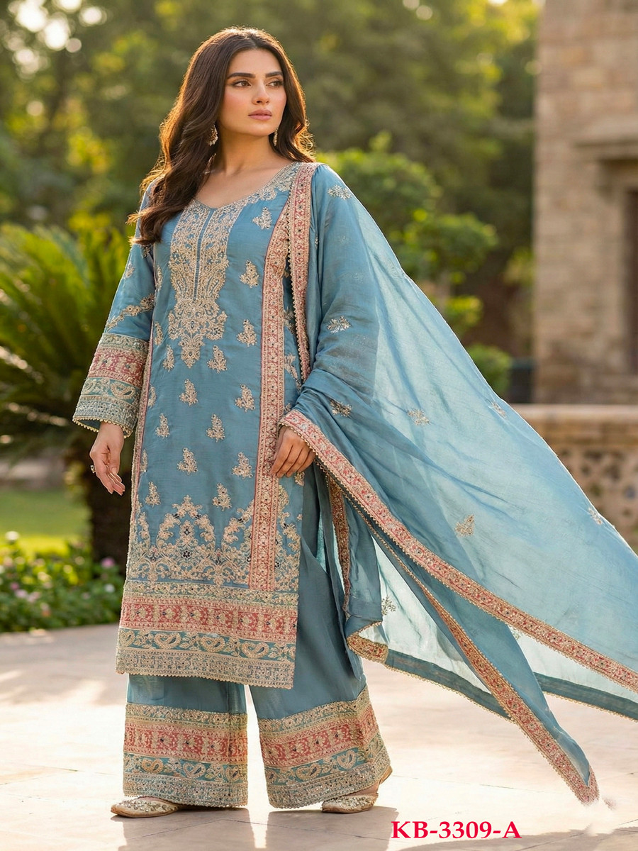 Light Blue Heavy Chinon Embroidery Zari Wedding Party Festival Casual Palazzo Pant Salwar Kameez