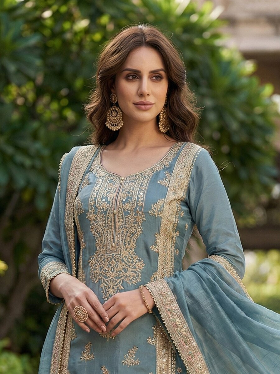 Light Blue Heavy Chinon Embroidery Zari Wedding Party Festival Casual Palazzo Pant Salwar Kameez