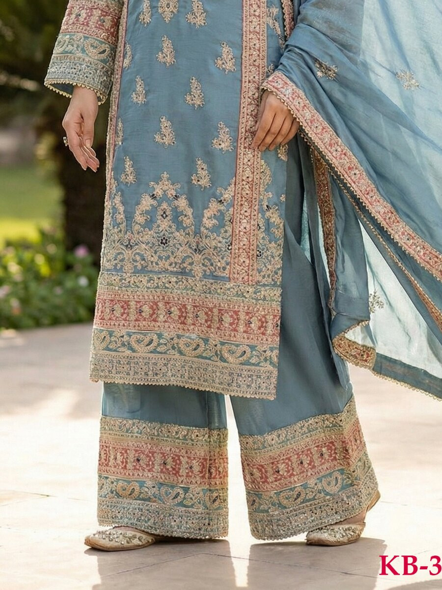 Light Blue Heavy Chinon Embroidery Zari Wedding Party Festival Casual Palazzo Pant Salwar Kameez