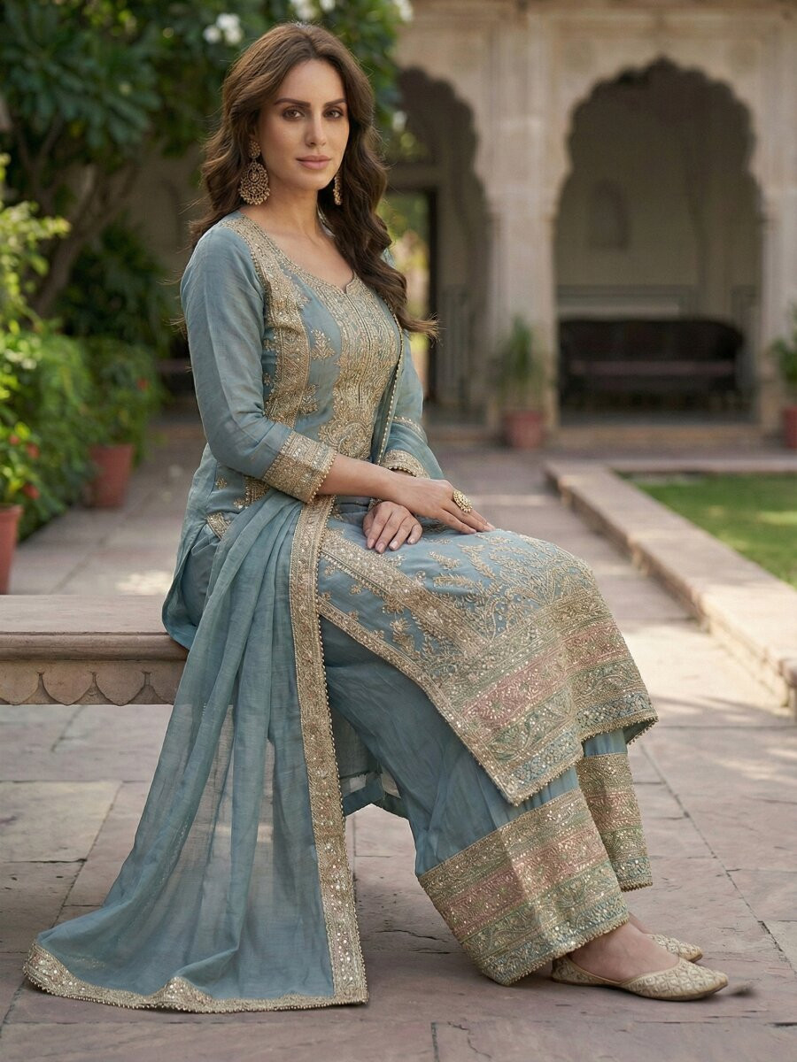 Light Blue Heavy Chinon Embroidery Zari Wedding Party Festival Casual Palazzo Pant Salwar Kameez