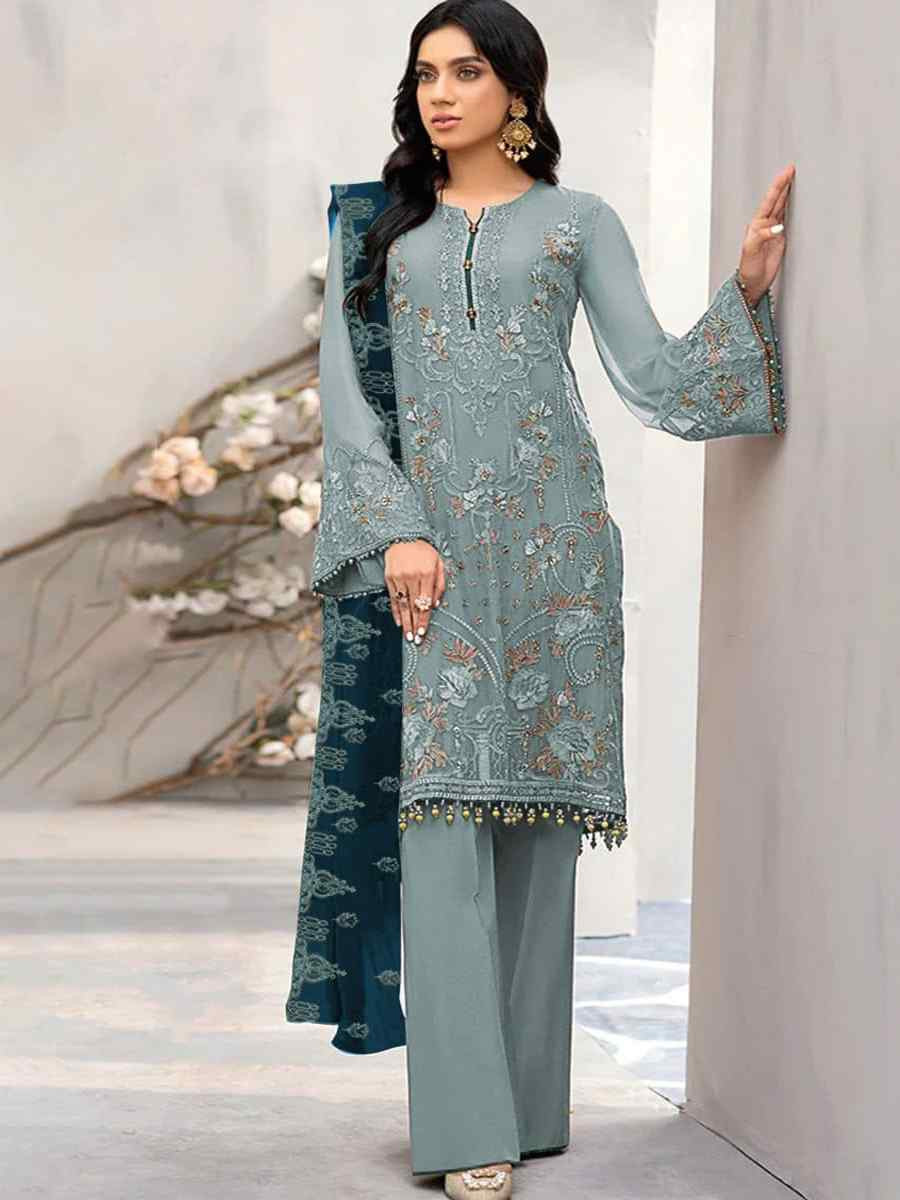 Light Blue Heavy Fox Georgette Embroidered Festival Casual Pant Salwar Kameez