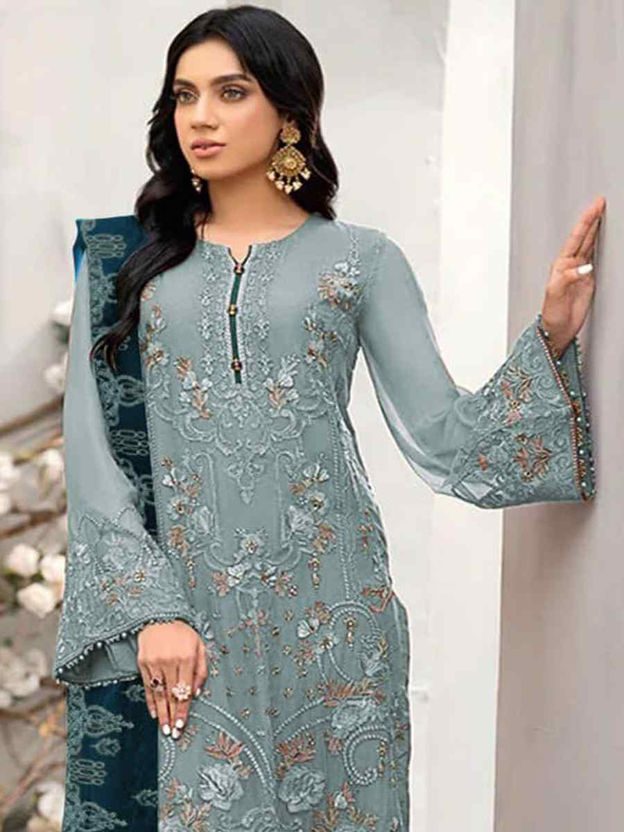 Light Blue Heavy Fox Georgette Embroidered Festival Casual Pant Salwar Kameez