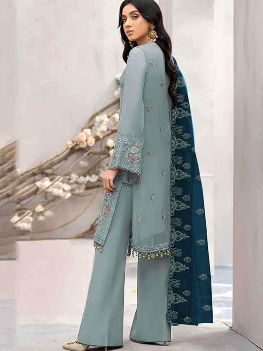 Light Blue Heavy Fox Georgette Embroidered Festival Casual Pant Salwar Kameez