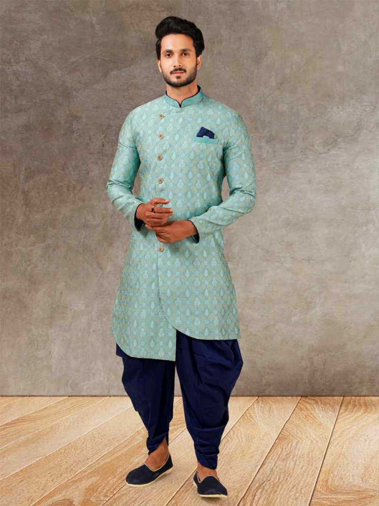 Light Blue Jacquard Silk Brocade Cutwork Party Wedding Kurta