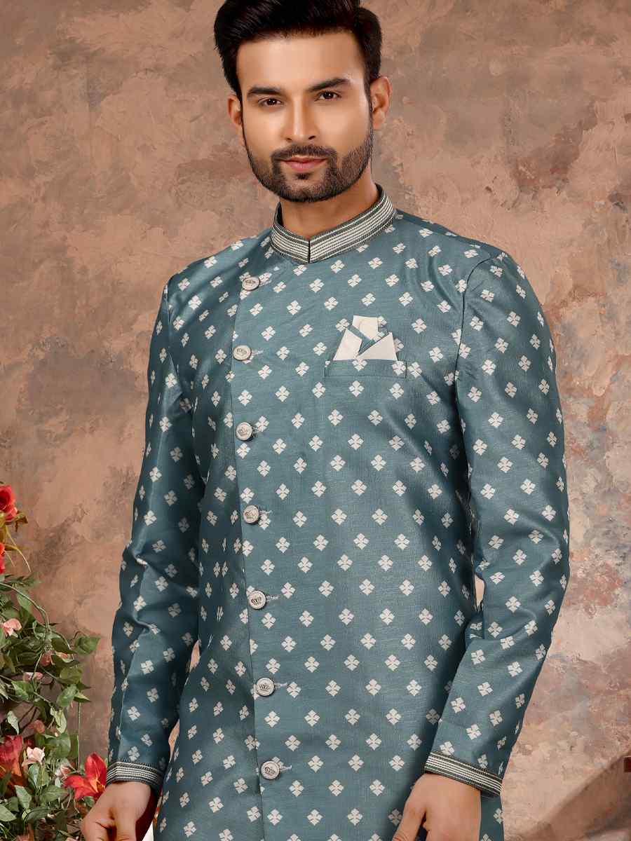 Light Blue Jacquard Woven Festival Wedding Sherwani