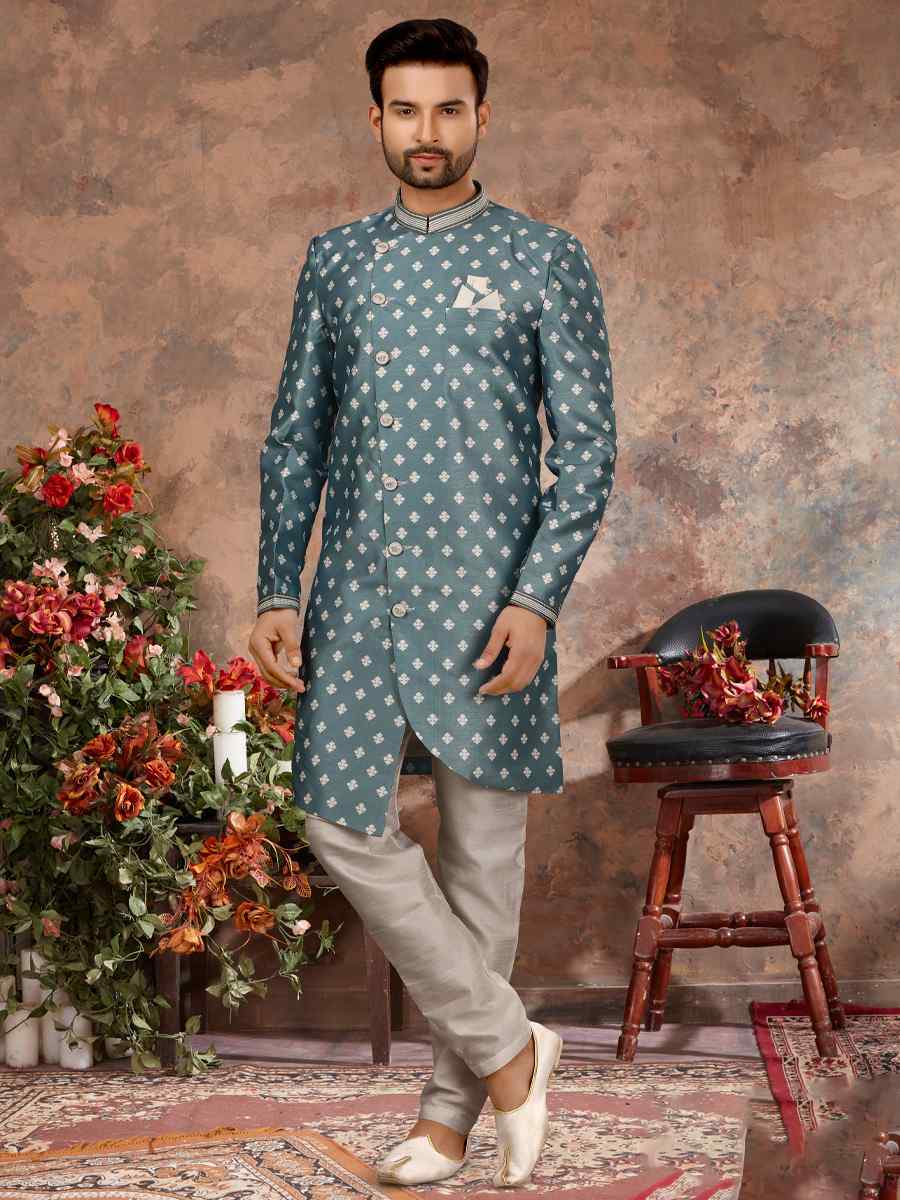 Light Blue Jacquard Woven Festival Wedding Sherwani