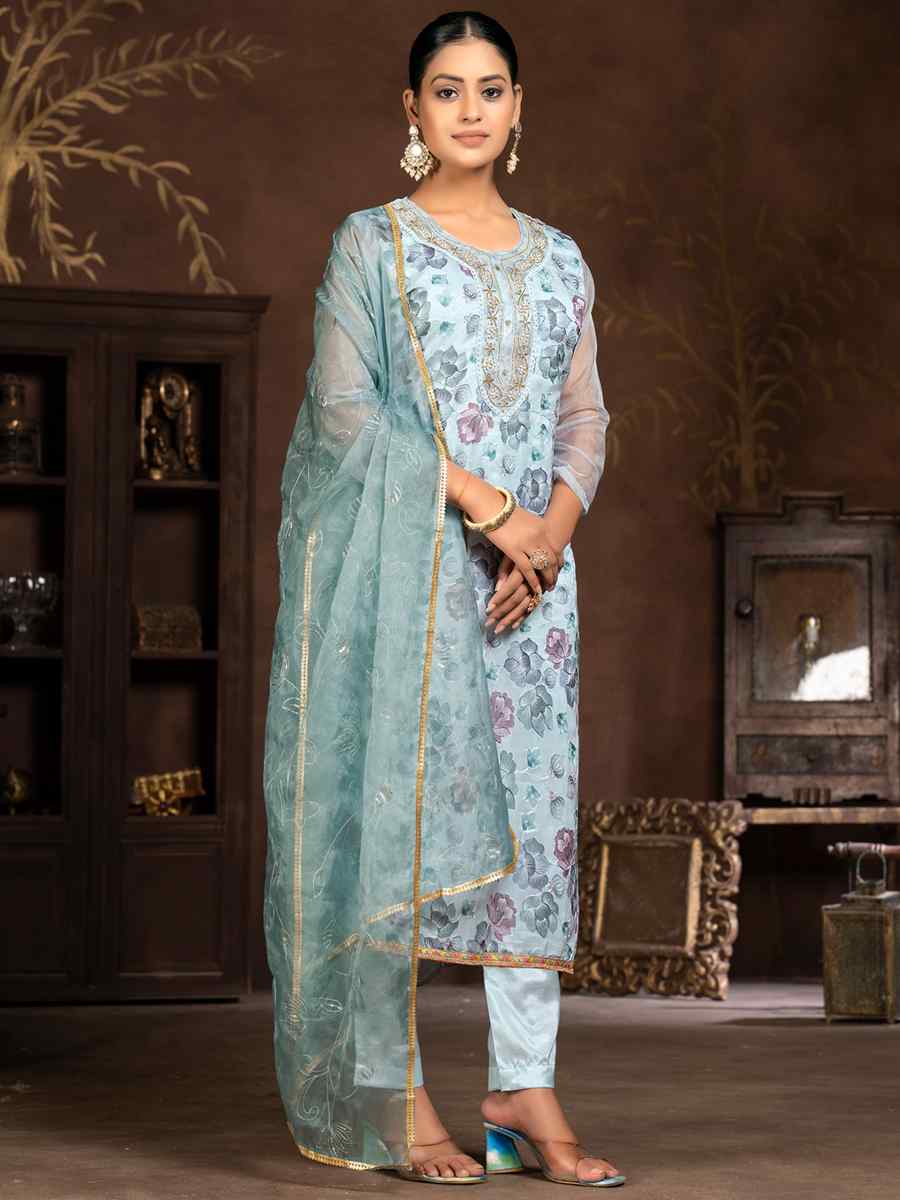 Light Blue Organza Embroidered Casual Festival Pant Salwar Kameez