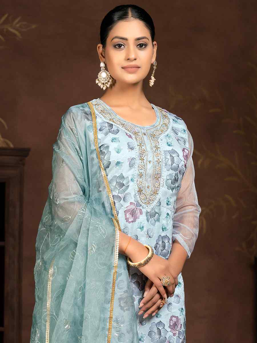 Light Blue Organza Embroidered Casual Festival Pant Salwar Kameez