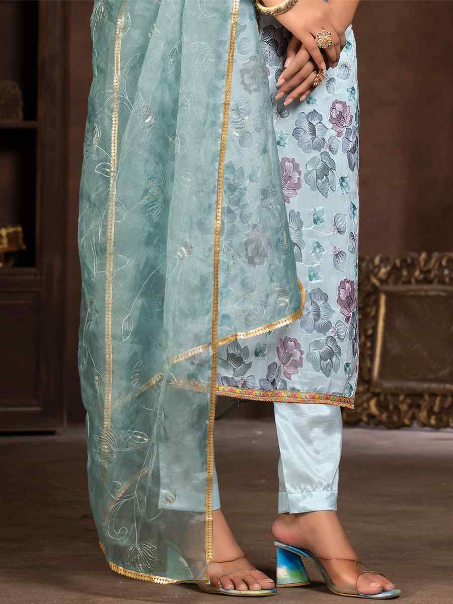 Light Blue Organza Embroidered Casual Festival Pant Salwar Kameez