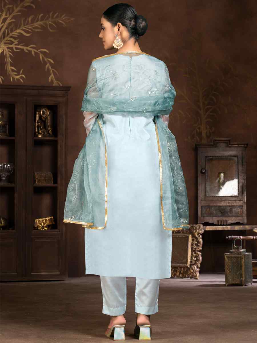 Light Blue Organza Embroidered Casual Festival Pant Salwar Kameez