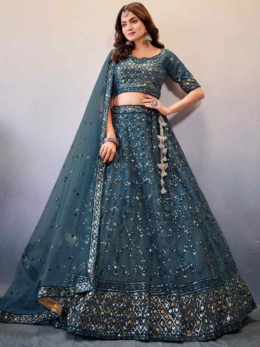 Light Blue Premium Butterfly Net Embroidered Festival Wedding Heavy Border Lehenga Choli