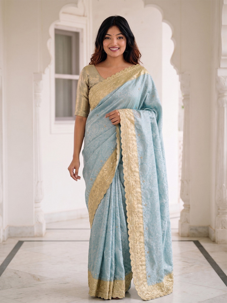 Image of Light Blue Pure Kanjivarm Silk Embroidery Wedding Reception Party Festival Casual Heavy Border Sarees