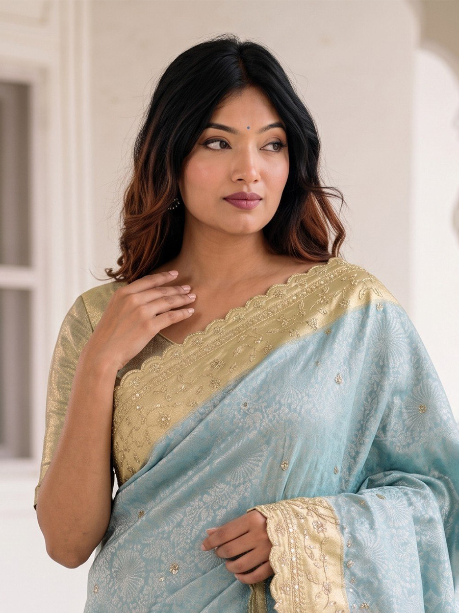 Light Blue Pure Kanjivarm Silk Embroidery Wedding Reception Party Festival Casual Heavy Border Sarees